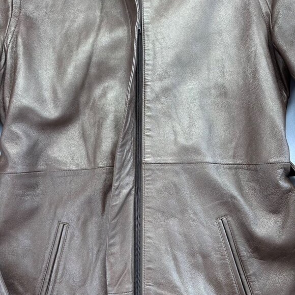 Express Vintage Leather Long Jacket Womens Size 13/14 Gold Bronze Waist Tie - Picture 9 of 16